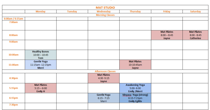 Timetables - PhysiYoga Physiotherapy Yoga and Pilates