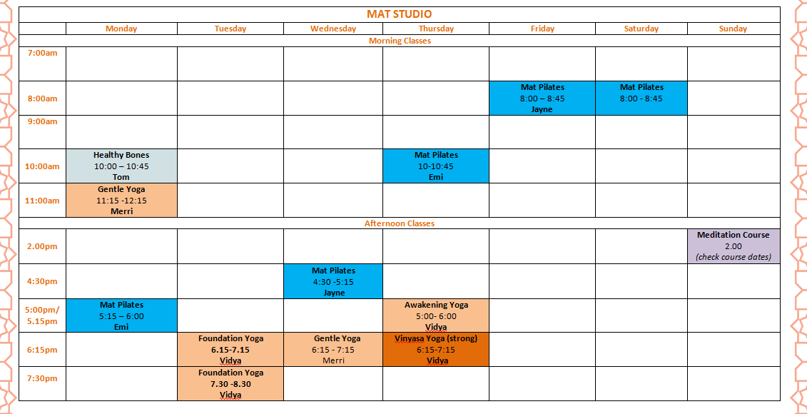 PhysiYoga Mat timetable Jan 2023